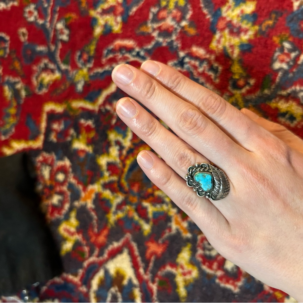 Vintage Sterling Silver and Turquoise Leaf Ring